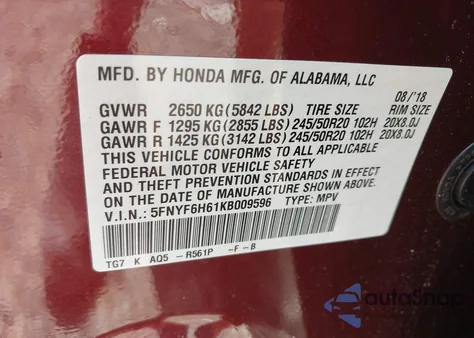 2019 Honda Pilot Touring z USA, uszkodzony, nr VIN 5FNYF6H61KB009596